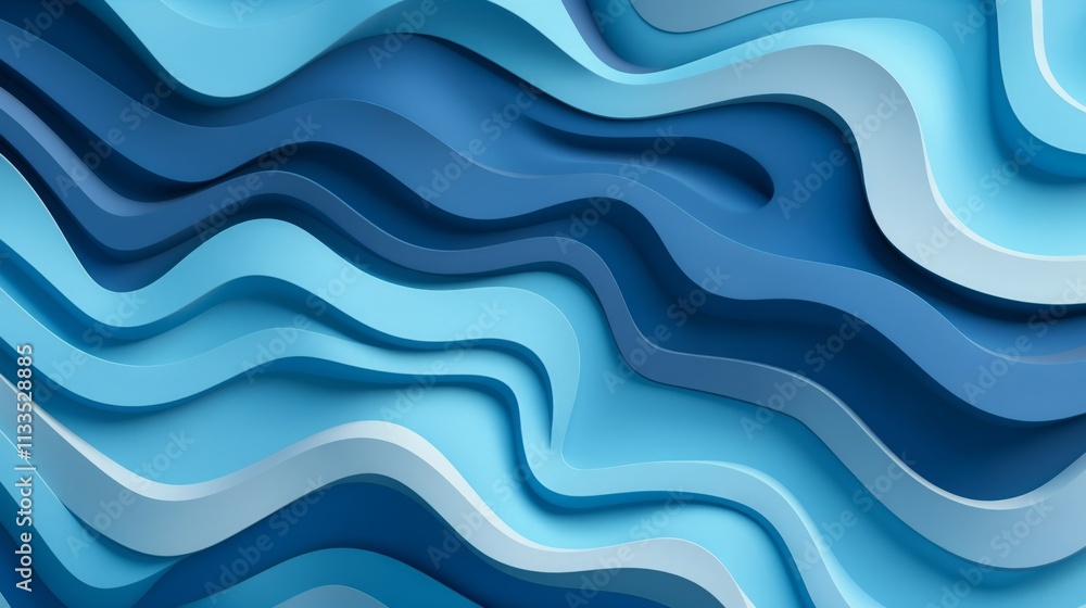 Poster abstract composition of layered waves in various shades of blue, creating a sense of depth and movem