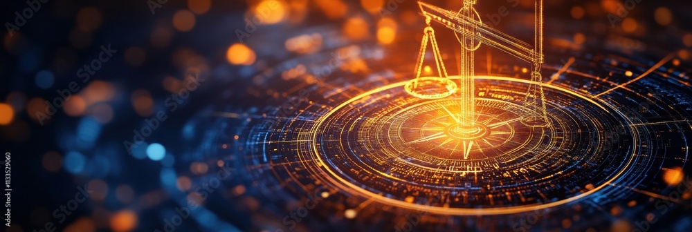 Poster ethical compass symbolizes guidance toward justice and transparency in artificial intelligence use, 