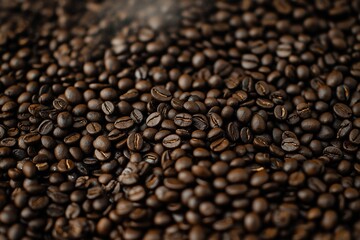 Fototapeta premium Closeup of freshly roasted coffee beans, steam rising, highlighting rich aroma and glossy surface.