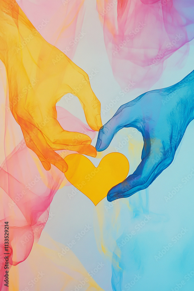 Poster hands of different colors forming a heart shape against a colorful background