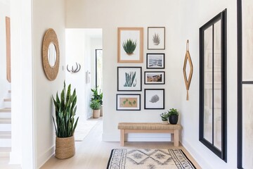 modern corridor with image frames and bench