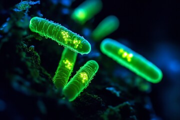 Microscopic Bacteria in Fluorescent Green Light