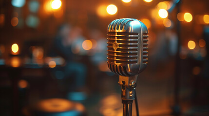 vintage microphone in an old cafe. Close-up, blurred background.