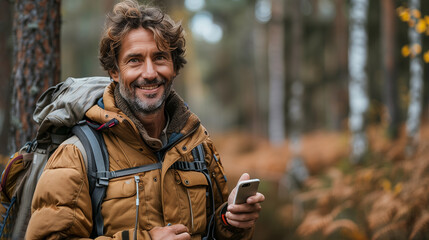 Fototapeta premium Bearded male hiker with backpack looking for cell phone signal in the woods.