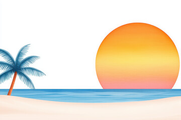 Fototapeta premium serene beach scene with vibrant sunset, palm tree, and calm ocean waves