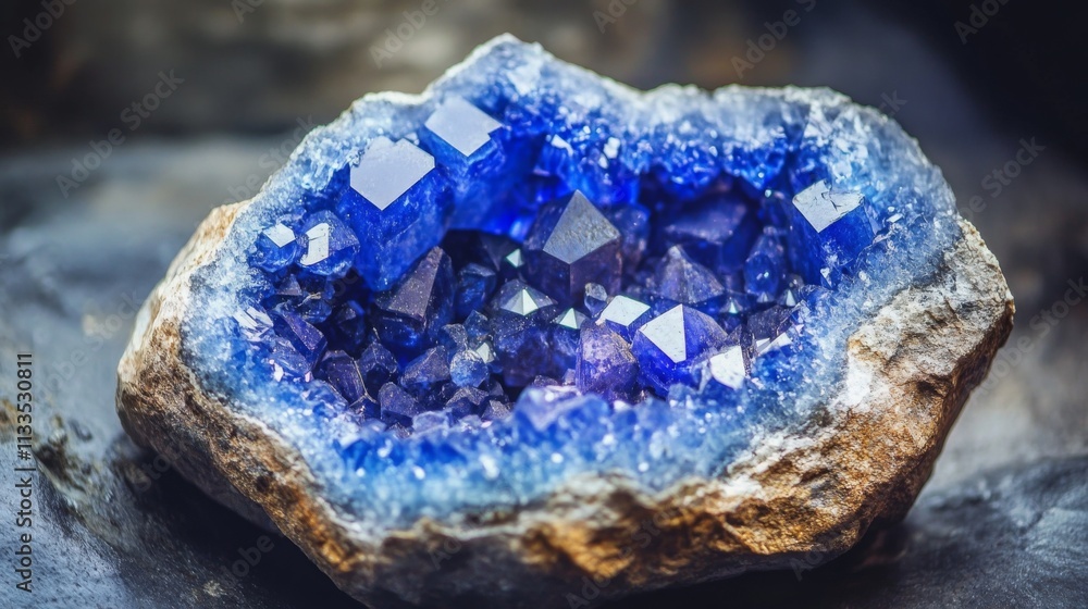 Aufkleber A striking display showcases a cluster of deep blue gemstones embedded in a natural rock formation. The unique crystal structure reflects light, creating a captivating visual effect.
