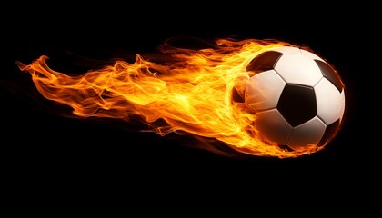 Fototapeta premium Fiery Football On Fire A Sports Ball Engulfed in Intense, Vibrant Flames on Black Background.