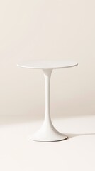 Minimalist white pedestal table. Sleek tulip base. Circular top. Modern design. Light neutral background. Empty table. Furniture design. Interior design. Home decor. Product photo. Studio shot.