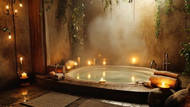 Serene spa sanctuary with steamy hot tub surrounded by candles and lush greenery for ultimate water wellness and spa experience