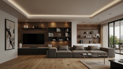 Fototapeta premium Modern living room with wood wall, gray sofa, and large TV.