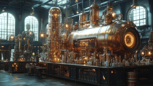 Steampunk laboratory, brass contraptions, glass vessels.