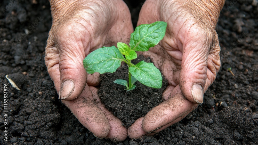 Aufkleber a pair of hands cradles a tiny seedling, delicately supporting its growth in dark, fertile soil unde