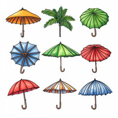 Colorful umbrellas and palm tree in whimsical watercolor style