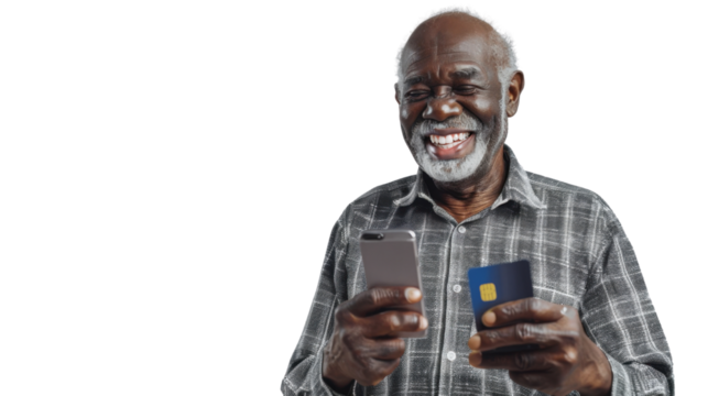 Happy african senior man, phone in one hand and credit card in other hand on white background
