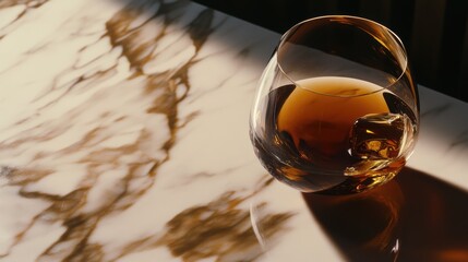 Luxurious XO brandy in a hand-blown crystal glass, rich mahogany tones reflecting beautifully, elegantly placed on a smooth ivory marble surface showcasing refined clarity.