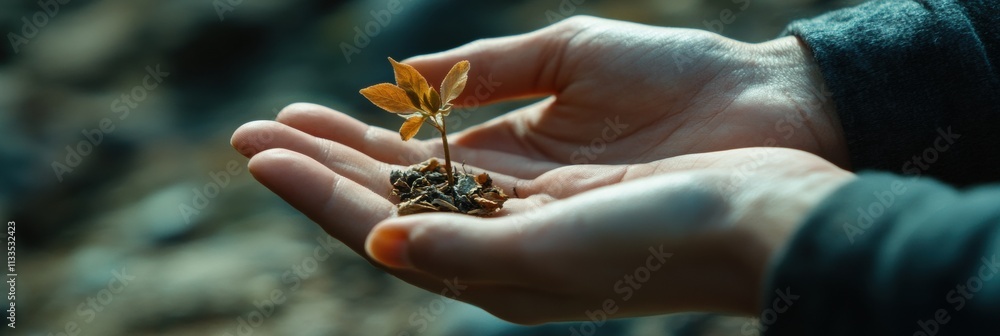 Poster delicate hands support a small seedling, symbolizing nurturing and the importance of caring for new 