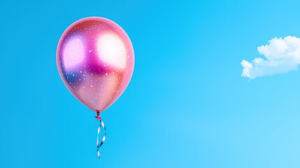vibrant galaxy patterned balloon floats against clear blue sky, evoking joy and celebration