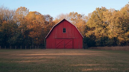 Red barn in autumn field.