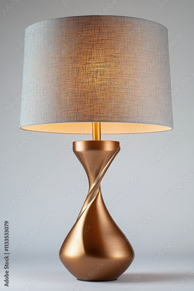 Poster modern table lamp with bronze base and gray fabric shade.