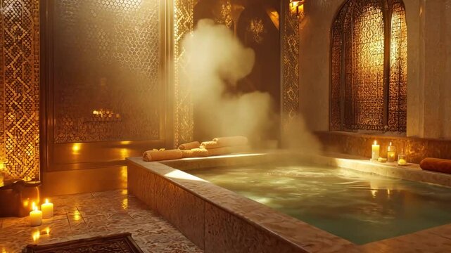 Luxurious moroccan hammam with steam and candlelight ambiance for ultimate water wellness and spa experience