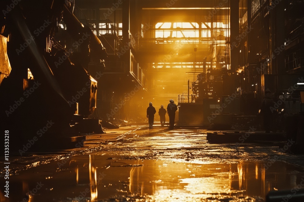 Poster molten metal is poured into casting molds in an industrial hall, with flames and sparks flying in a 