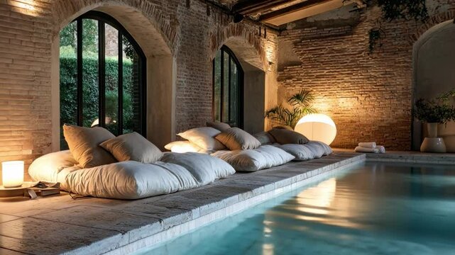 Serene indoor pool with cozy loungers and brick walls, illuminated ambiance in water wellness and spa concept