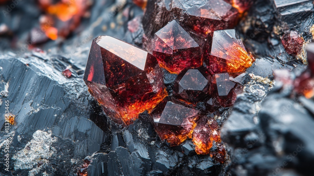 Fototapete reddish gemstones are clustered on a dark mineral surface, reflecting soft light. the shiny crystals