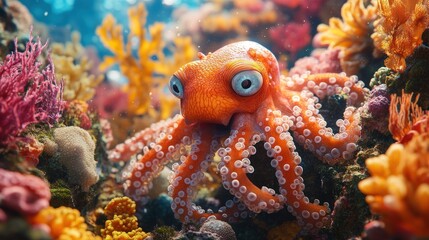 Cute orange octopus among colorful coral.