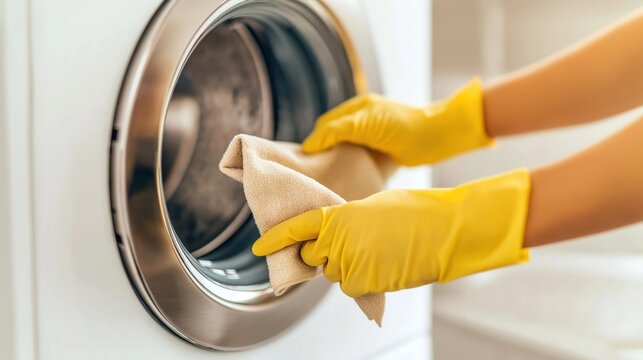 Woman cleans washing machine with cloth. Carefully cleaning appliance. Focus on hygiene, maintenance for longer life of tech appliance. Home cleaning, home appliance maintenance concept. Protection - Powered by Adobe
