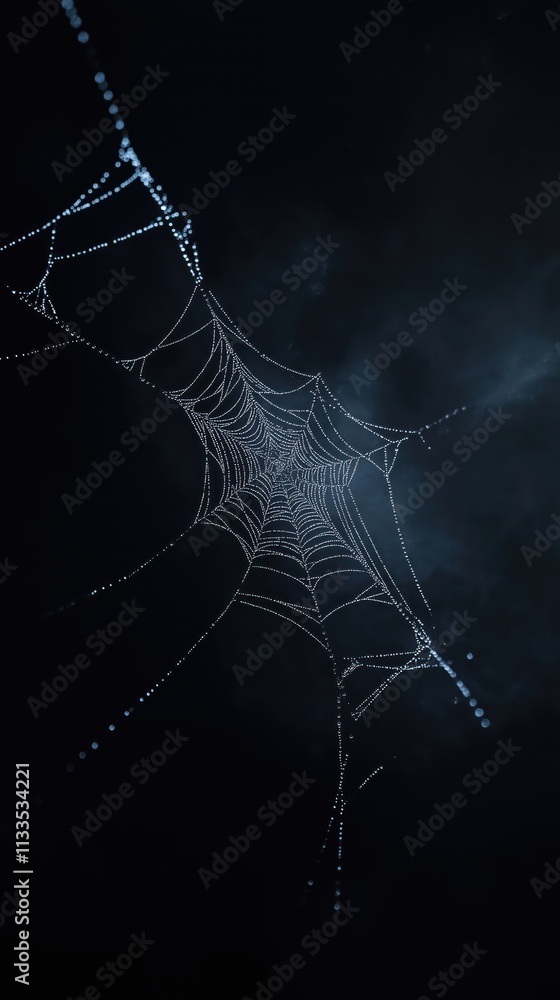 Poster delicate spider web covered with water droplets. dark background. mysterious and beautiful intricate