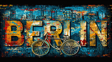 Trendy travel advertisement poster with the text "berlin" Film style collage showing colorful graffiti art on a brick wall showcasing berlin's skyline and a bicycle