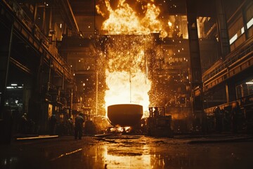 Molten metal flows into casting molds, igniting flames and sparks in a busy industrial hall, showcasing the power and intensity of metalworking. Generative AI