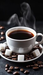 Fototapeta premium Steaming Cup of Black Coffee with Sugar Cubes and Scattered Coffee Beans, Delicious Morning Beverage