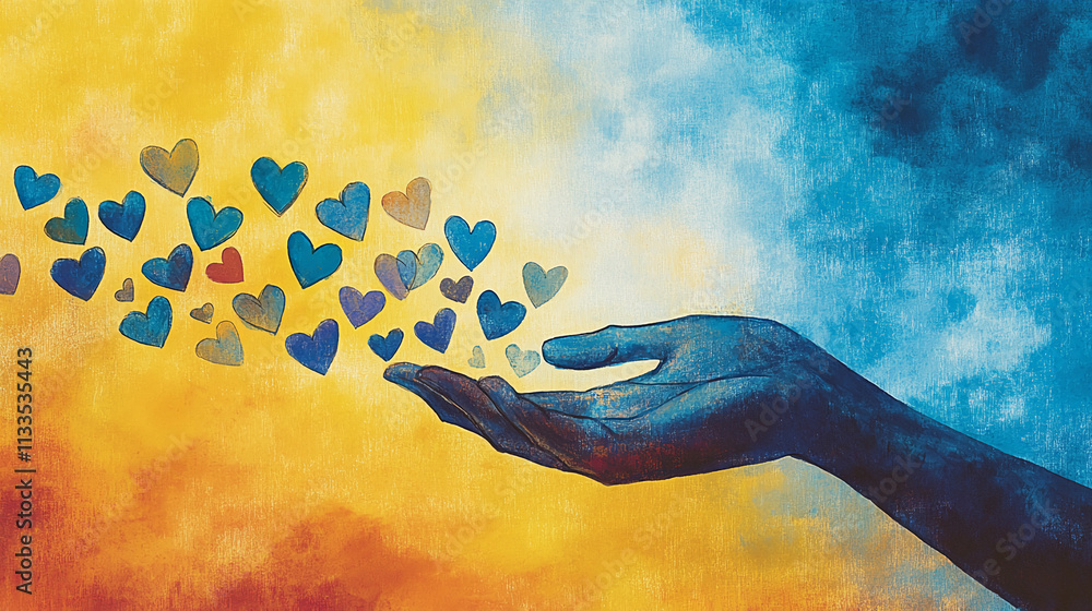 Poster hands releasing colorful hearts into a vibrant sky during a hopeful moment of expression and connect