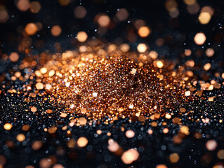 Obraz premium A vibrant mound of sparkling copper glitter scatters across a dark background, creating a mesmerizing, festive atmosphere. The bokeh effect enhances the shimmering aesthetic, perfect for celebrations.