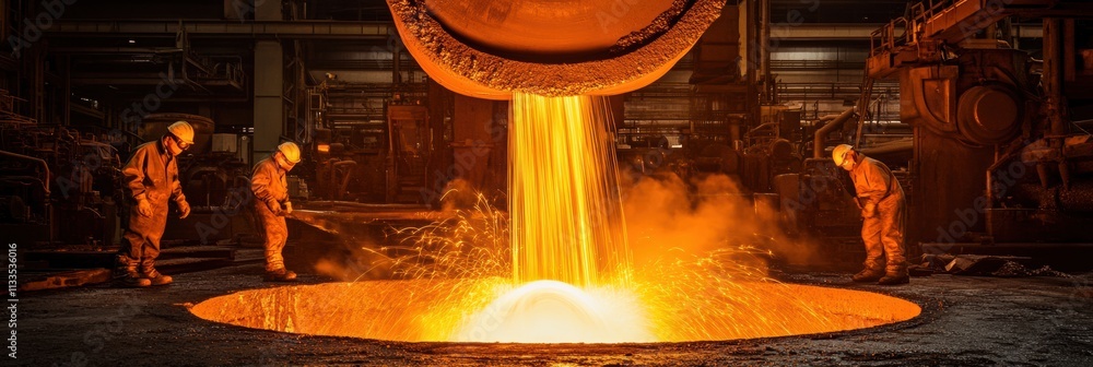 Poster workers pour molten metal into casting molds inside an industrial hall, creating flames and sparks a