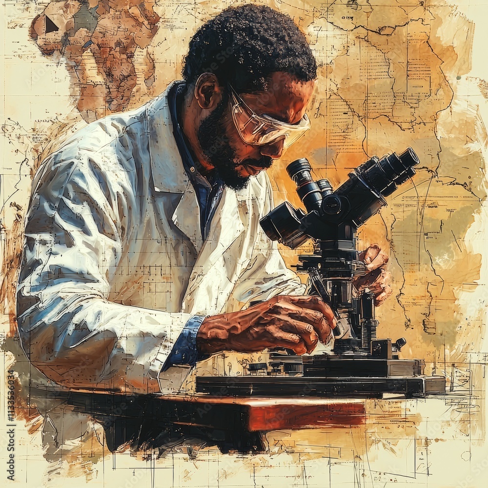 Poster scientist in laboratory conducting research with a microscope