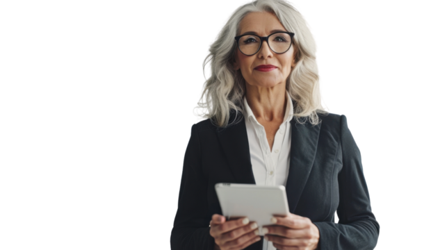 Portrait of american middle age woman holding tablet on white background
