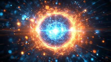 Obraz premium Cosmic Nucleus Fiery Energy Orbits and Celestial Dance, Unveiling the Mysteries of the Universe