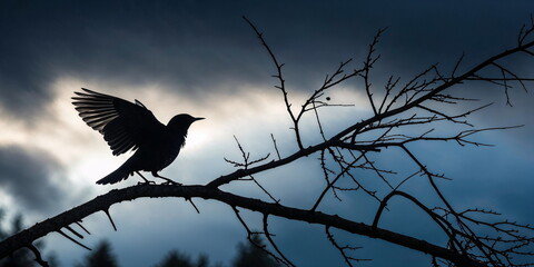 Silhouette of bird with spread wings on bare branch