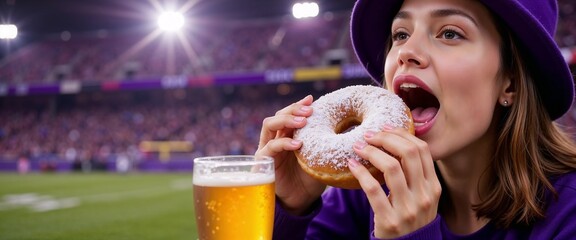Woman enjoying donut and beer at sports stadium