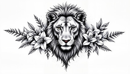Obraz premium Dotwork Tattoo Lion Head with Floral Lilies 
