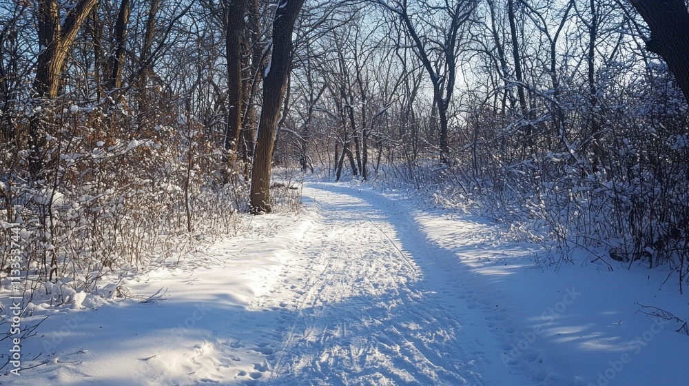 Poster a peaceful path meanders through a winter wonderland, blanketed in fresh snow. tall trees stand guar