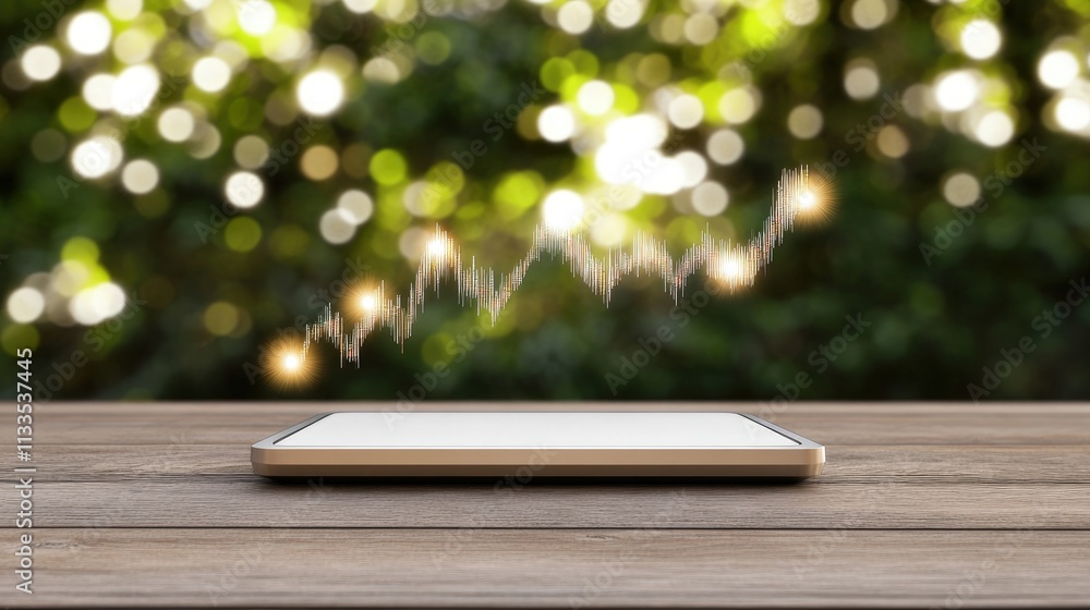 Poster tablet displaying upward trending graph against blurred green bokeh background.