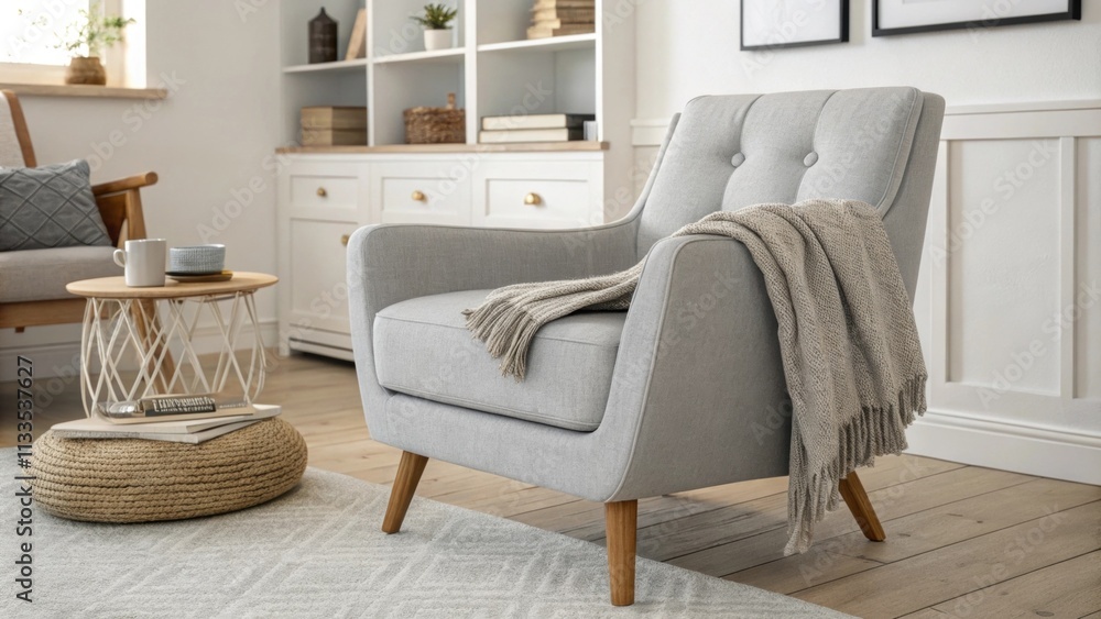 Poster a simplified living space highlights a stylish midcentury armchair in warm gray hues with a soft thr