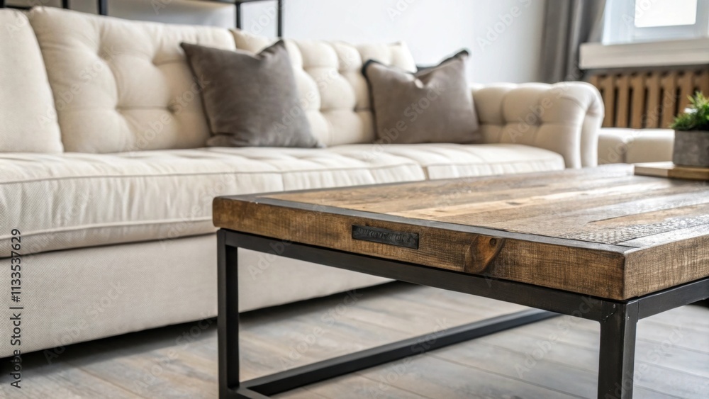 Poster This elegant living room displays a large versatile couch with plush cushions positioned next to a striking industrial coffee table made of reclaimed wood and iron creating a