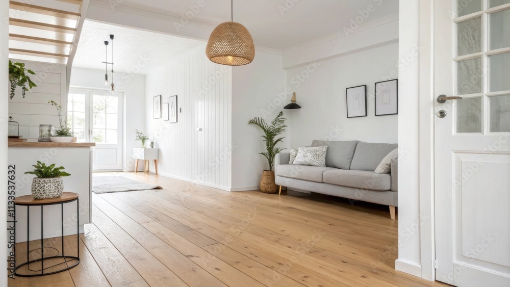 Poster a bright living area adorned with a smooth wooden floor white walls and simple decor pieces includin