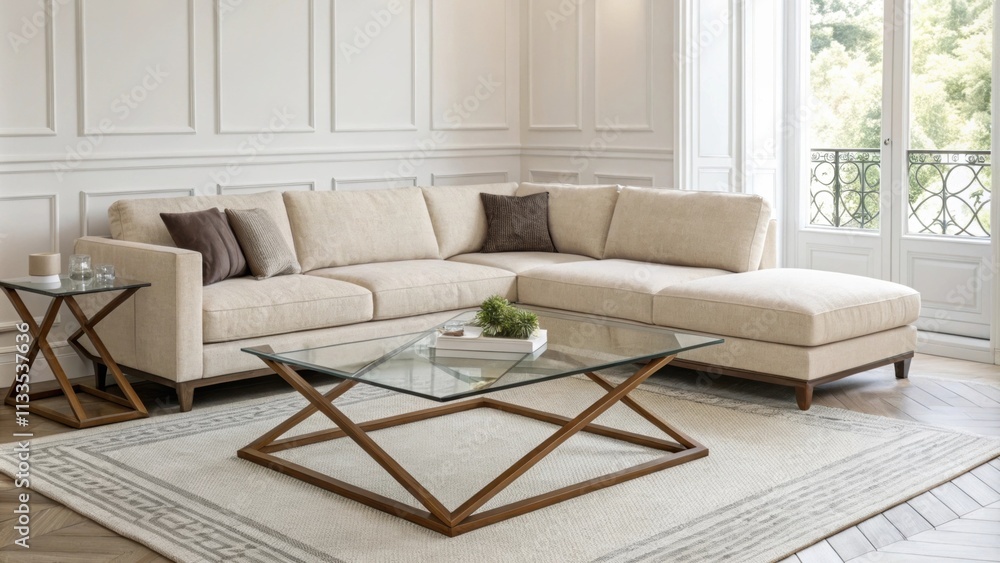Poster a modern living room interior featuring a stylish angular modular sofa accented by a striking glass 