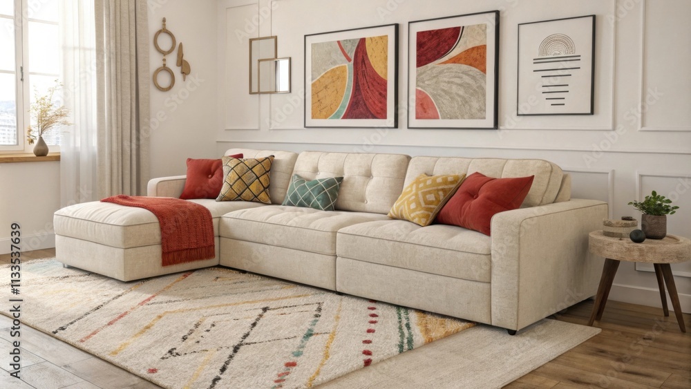 Aufkleber an airy living room design featuring a plush modular sofa with colorful cushions situated on a large