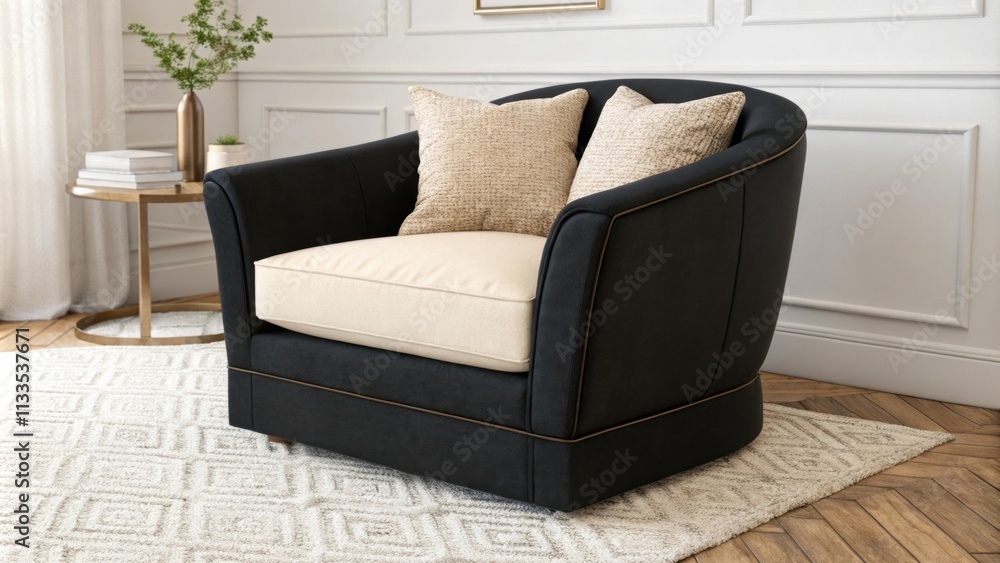 Poster an inviting seating area showcases a bold black armchair paired with soft cream cushions elegantly s